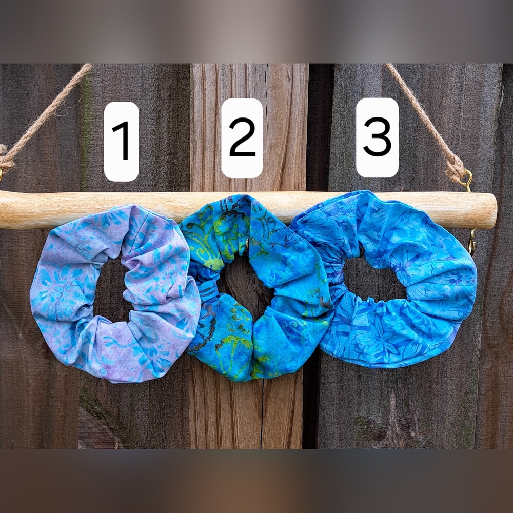 ONE Colorful Batik Cotton Scranchie Hair Tie Pink Blue Aquamarine Floral Print
